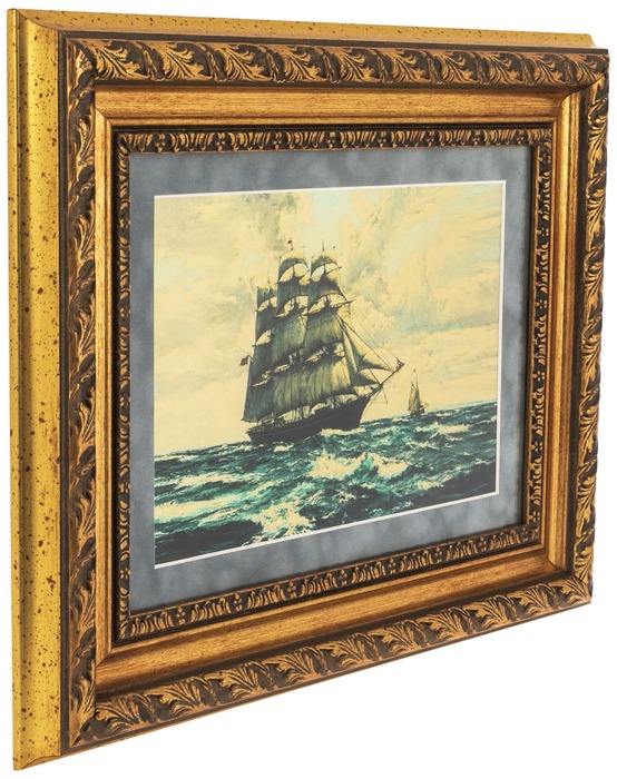 Painting on gold leaf "Sailboat" grey velvet (in an oak box)