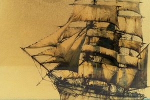 Painting on gold leaf "Seascape" red velvet