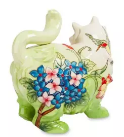 Копилка "Кошка" зеленая с синими цветами