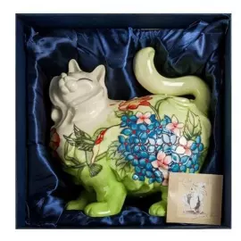 Копилка "Кошка" зеленая с синими цветами