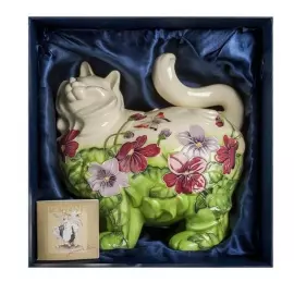 Копилка "Кошка" зеленая с красными цветами