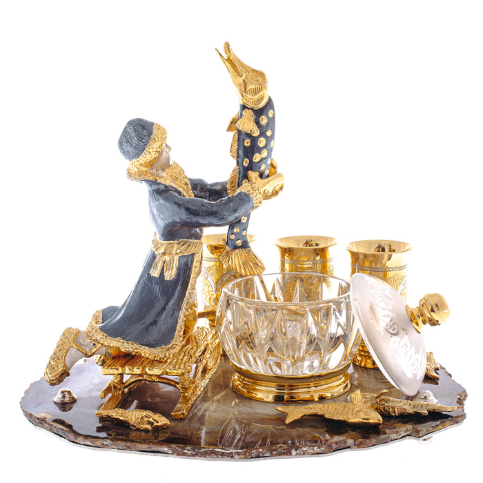 Caviar bowl "Visiting a fairy tale" on agate, 3 glasses, Zlatoust