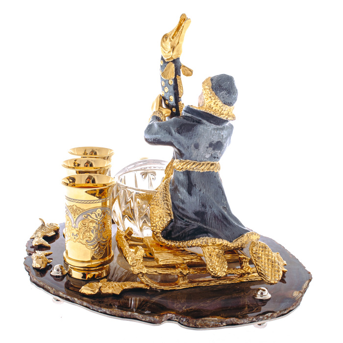 Caviar bowl "Visiting a fairy tale" on agate, 3 glasses, Zlatoust
