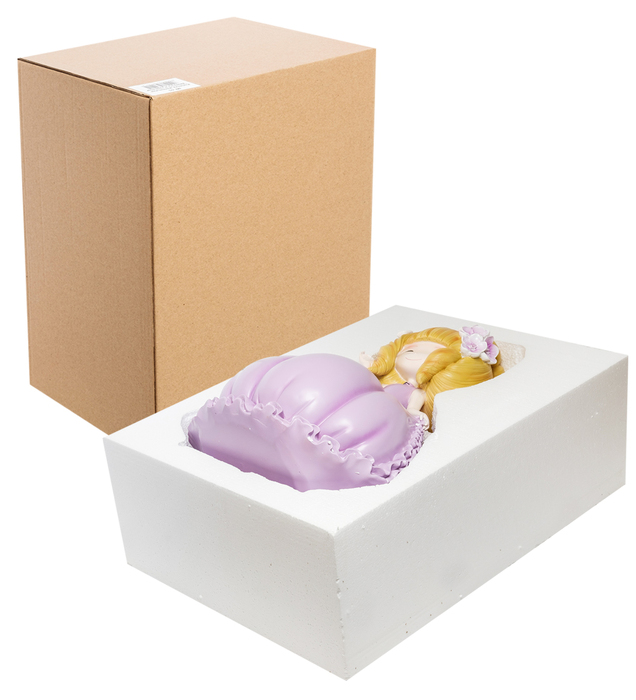 The piggy bank is a big "Girl in a purple dress"