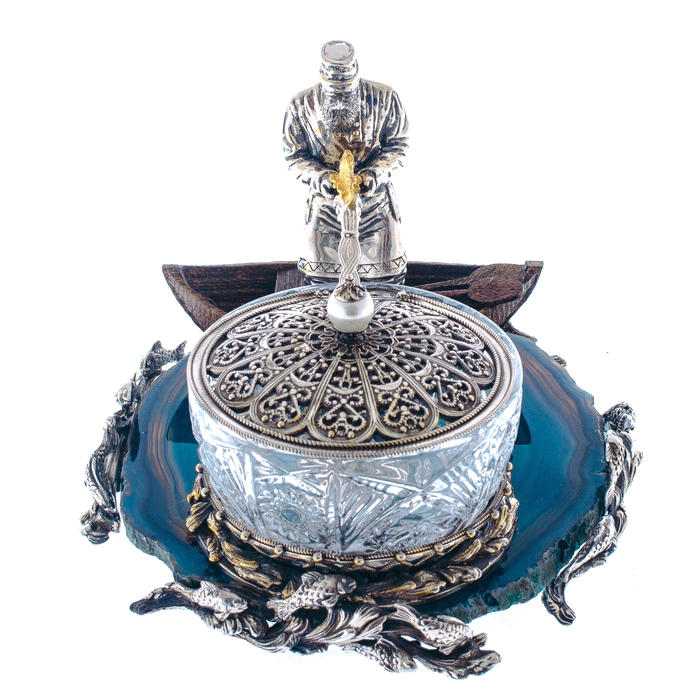 Caviar bowl "Old man with a seine" Zlatoust, silvering