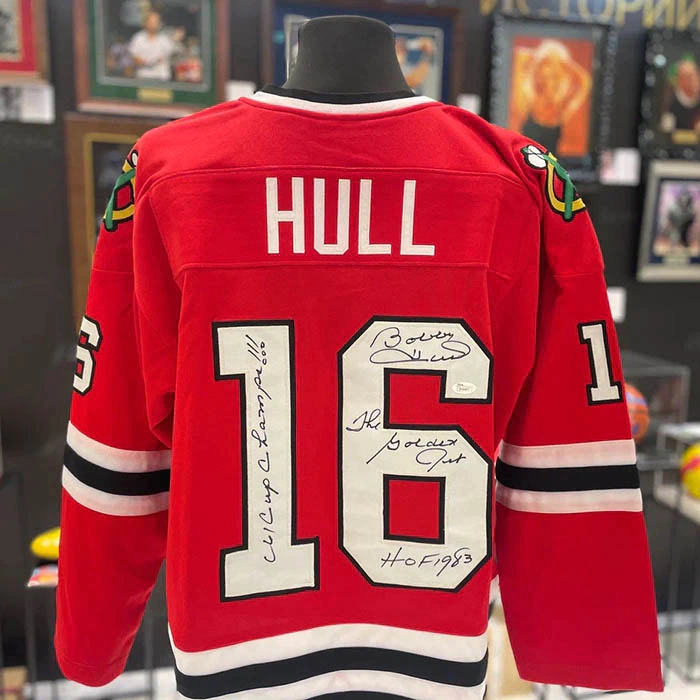 Chicago Blackhawks hockey jersey with handwritten wish and autograph by Bobby Hull