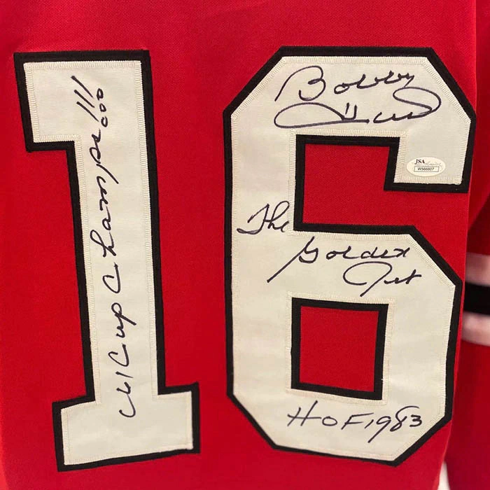 Chicago Blackhawks hockey jersey with handwritten wish and autograph by Bobby Hull