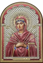 Икона "Семистрельная Божия Матерь" коричневое дерево в размер оклада, цветная эмаль Икона "Семистрельная Божия Матерь" коричневое дерево в размер оклада, цветная эмаль