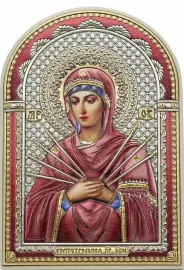 Посеребренная икона "Семистрельная Божия Матерь" белое дерево в размер оклада, с цветной эмалью Посеребренная икона "Семистрельная Божия Матерь" белое дерево в размер оклада, с цветной эмалью