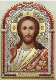 Икона "Господь благославляющий" белое дерево в размер оклада, с цветной эмалью