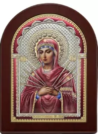Икона "Семистрельная Божия Матерь" коричневое дерево с цветной эмалью
