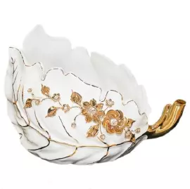 Ваза для фруктов "Лист", цвет: белый с золотой отделкой и со стразами Swarovski