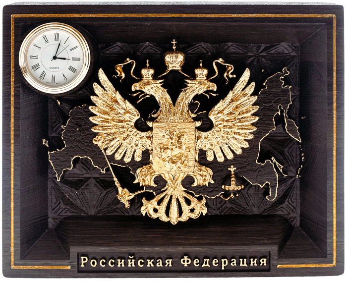 Stained oak panel "Coat of Arms of Russia" gold with clock