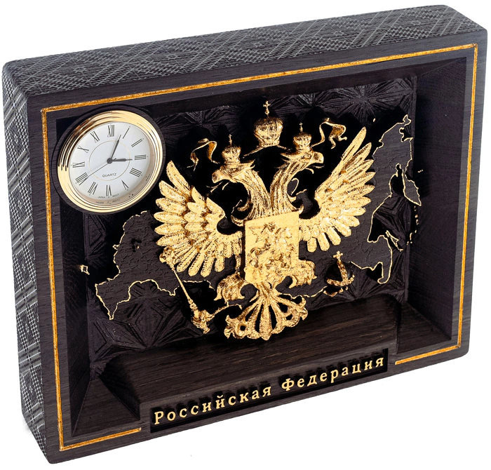 Stained oak panel "Coat of Arms of Russia" gold with clock