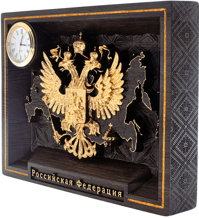 Stained oak panel "Coat of Arms of Russia" gold with clock