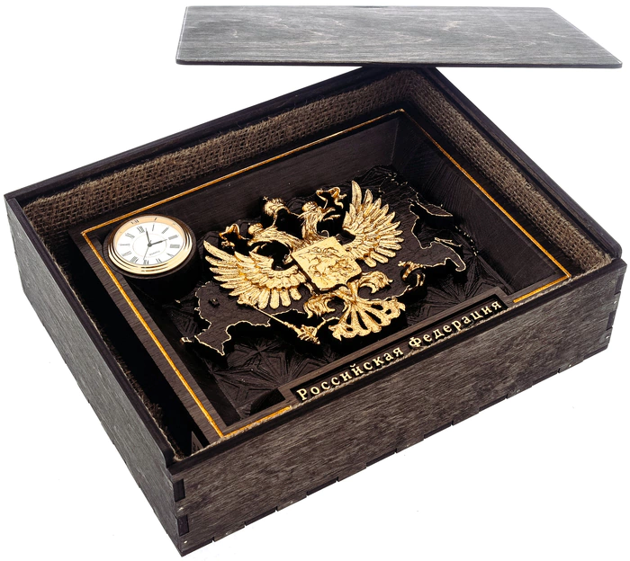 Stained oak panel "Coat of Arms of Russia" gold with clock