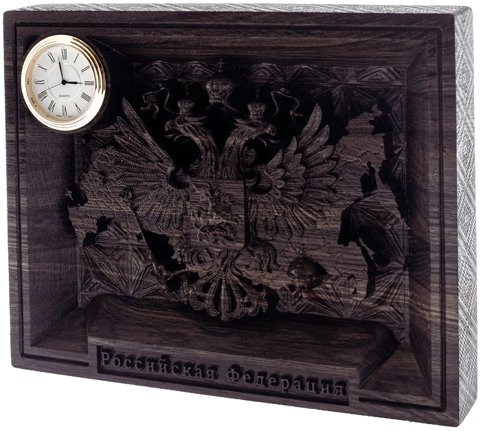 Stained oak panel "Coat of Arms of Russia" with clock
