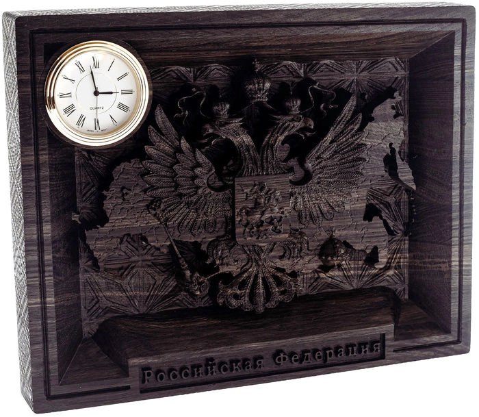 Stained oak panel "Coat of Arms of Russia" with clock