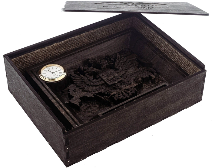 Stained oak panel "Coat of Arms of Russia" with clock