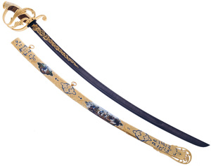 European saber "Borodino" with engravings, Damascus, Zlatoust