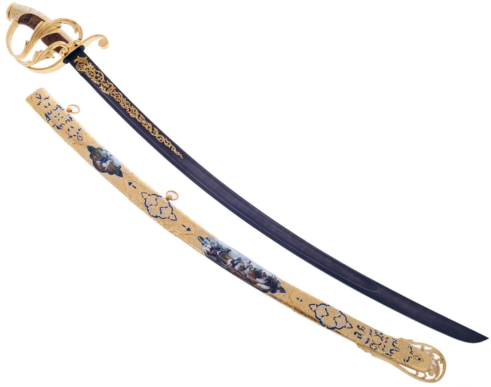 European saber "Borodino" with engravings, Damascus, Zlatoust