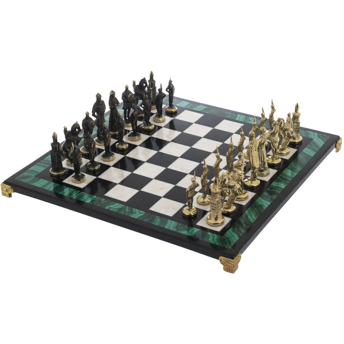 Chess made of kaholong, dolerite and malachite "Knights"