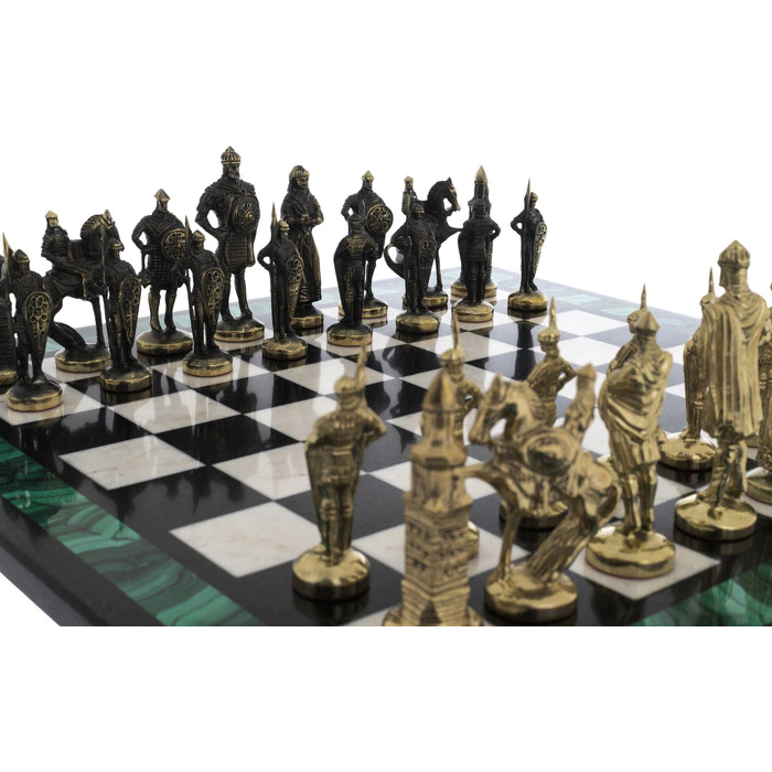 Chess made of kaholong, dolerite and malachite "Knights"