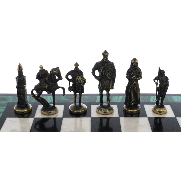 Chess made of kaholong, dolerite and malachite "Knights"