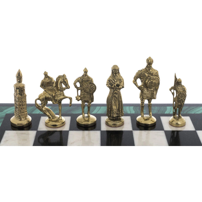 Chess made of kaholong, dolerite and malachite "Knights"