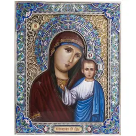 Серебряная икона с финифтью "Матерь Божья Казанская"
