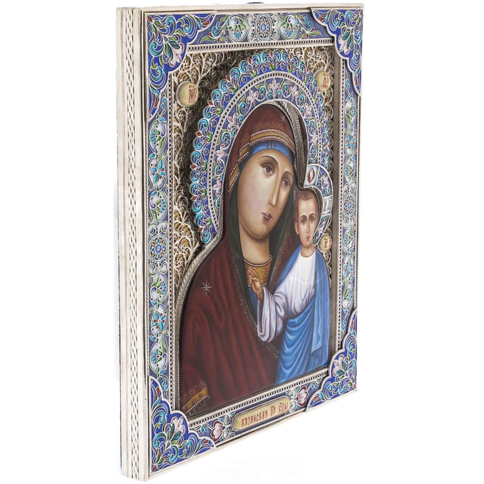 Silver icon with the inscription "Mother of God of Kazan"