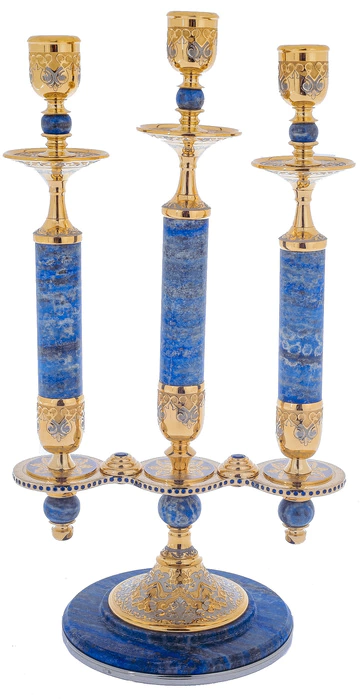 3-horn candelabra, cubic zirconia, lapis lazuli, Chrysostom
