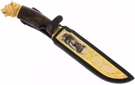 Нож "Медведь" Златоуст, литая голова, накладка на ножнах, дамаск, карельская береза