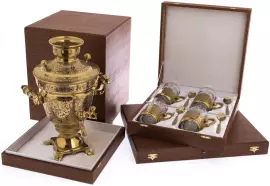 Чайный набор с самоваром на 4 персоны "Герб Москвы" Златоуст