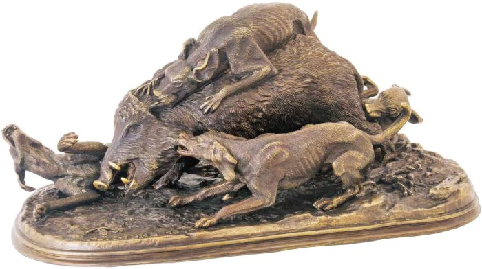 Bronze sculpture "Wild Boar hunted by dogs"