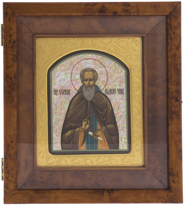 Icon on natural mother-of-pearl "Sergius of Radonezh" in a gold frame and a kiosk
