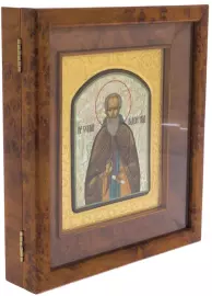 Икона на натуральном перламутре "Сергий Радонежский" в золотой раме и киоте
