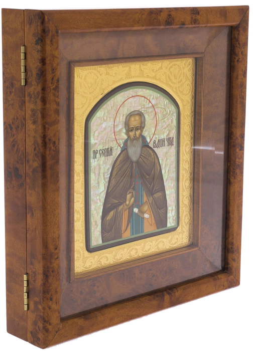 Icon on natural mother-of-pearl "Sergius of Radonezh" in a gold frame and a kiosk