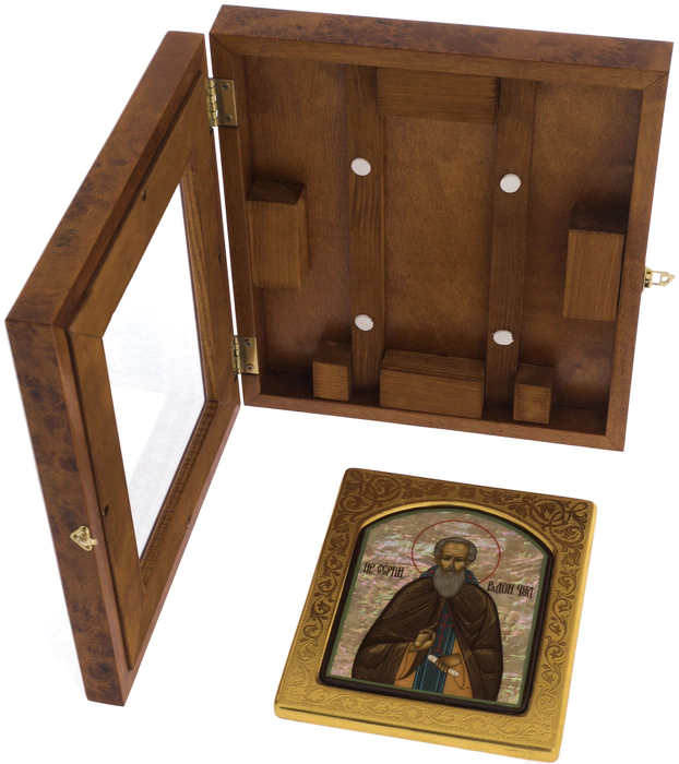 Icon on natural mother-of-pearl "Sergius of Radonezh" in a gold frame and a kiosk