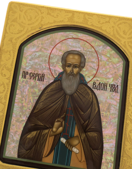 Icon on natural mother-of-pearl "Sergius of Radonezh" in a gold frame and a kiosk