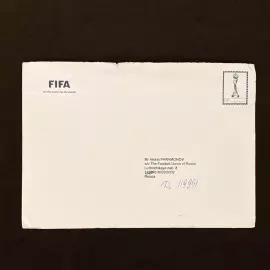 Поздравительное письмо от FIFA с факсимиле автографов Йозефа Блаттера и Жерома Вальке, адресованное Алексею Парамонову