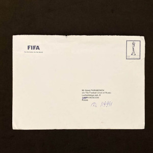 Congratulatory letter from FIFA with facsimile autographs of Joseph Blatter and Jerome Valcke, addressed to Alexey Paramonov