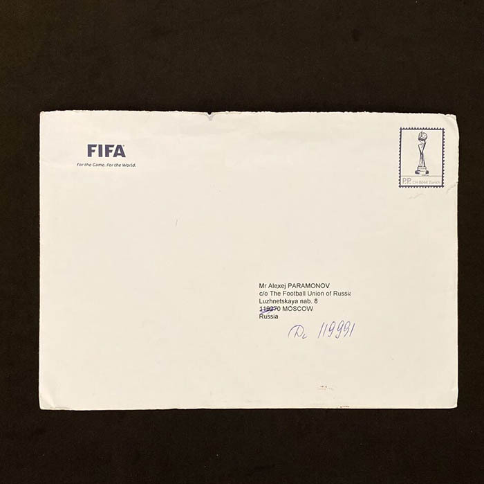Congratulatory letter from FIFA with facsimile autographs of Joseph Blatter and Jerome Valcke, addressed to Alexey Paramonov