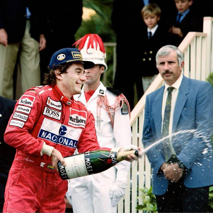 A bottle of Moet used by racer Ayrton Senna during the award ceremony at the Monaco GP with an autograph, 1993