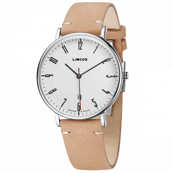 Lincor White Quartz Wrist Watch with Beige Strap
