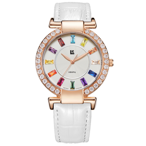 Lincor Quartz Wrist Watch with Multicolor Rhinestones and White Strap