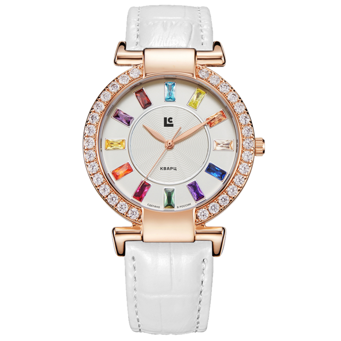 Lincor Quartz Wrist Watch with Multicolor Rhinestones and White Strap