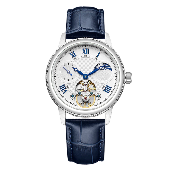 Mikhail Moskvin "Elegance" White Mechanical Wristwatch with blue Leather Strap