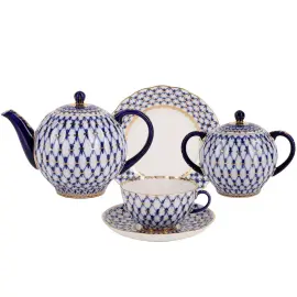 Чайный сервиз "Тюльпан" с рисунком "Кобальтовая сетка" на 6 персон, 20 предметов