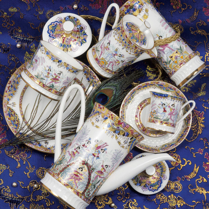 Vertical coffee set with Russian Ballet pattern for 6 persons (22 items)